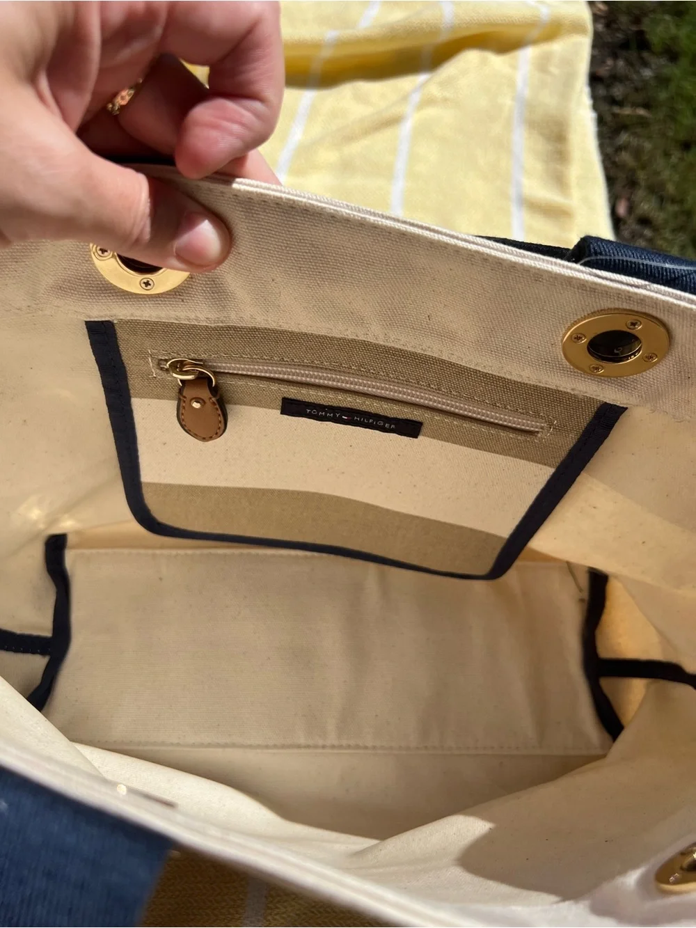 Tommy Hilfiger Canvas Stripe Tote Bag with Navy Handles - Neutral Stripe